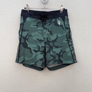 Tucann Striped Green Camo 5" Lined Stretch Swim Trunks Shorts Mens size Small